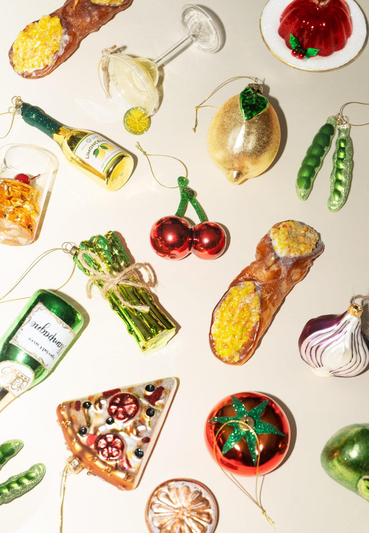 Octaevo Gourmet Sparkle Baubles (Pack of 2): pizza, wine, cherries & lemon themed ornaments for elegant trees.