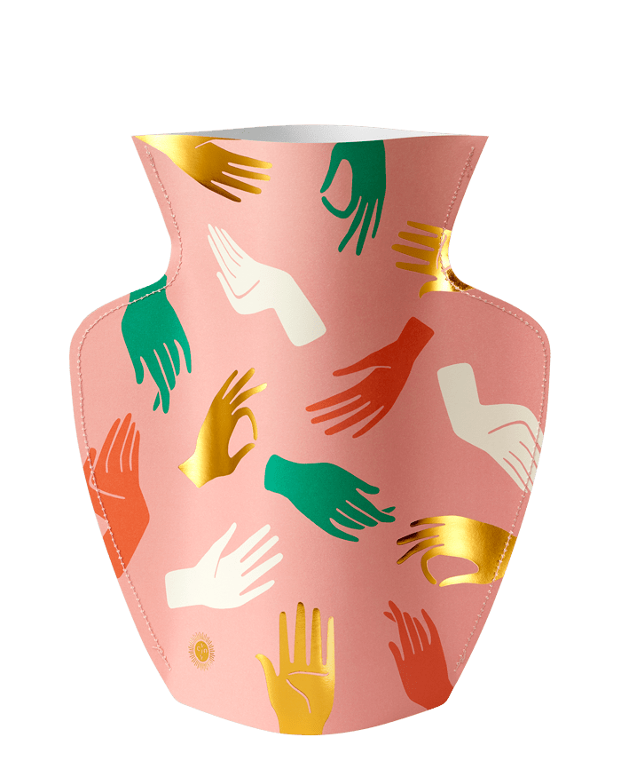The OCTAEVO Hamsa Paper Vase features colorful and gold hand designs on a pink surface.