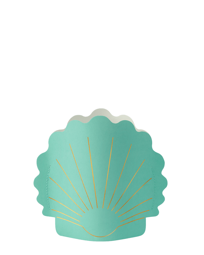 The Hera Mini Paper Vase by OCTAEVO is a turquoise, shell-shaped, water-resistant vase with gold lines.