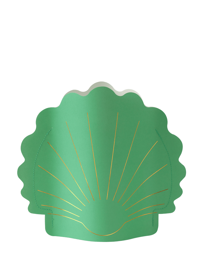 The Hera Paper Vase by OCTAEVO features a green, scallop-shaped design with gold lines, inspired by Mediterranean seashells.
