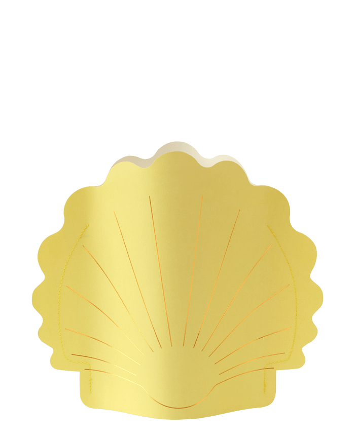 The yellow OCTAEVO Hera Paper Vase, a scallop shell design with embossed gold lines, stands on a white surface.