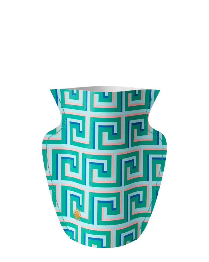 The OCTAEVO Icarus Mini Paper Vase features a handcrafted geometric Greek key design in teal, blue, and pink on white.