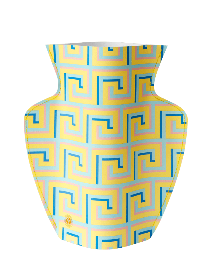 The Icarus Paper Vase by OCTAEVO features a geometric Greek key pattern in yellow, blue, and pink on light.