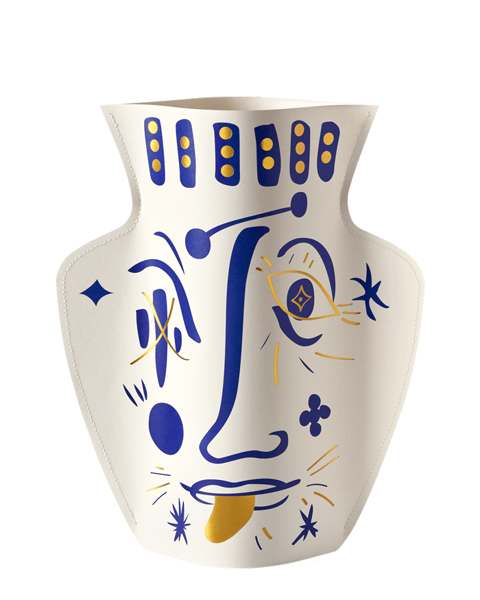 OCTAEVO Jaime Hayon Paper Vase with abstract blue and yellow face design in bold geometric style.