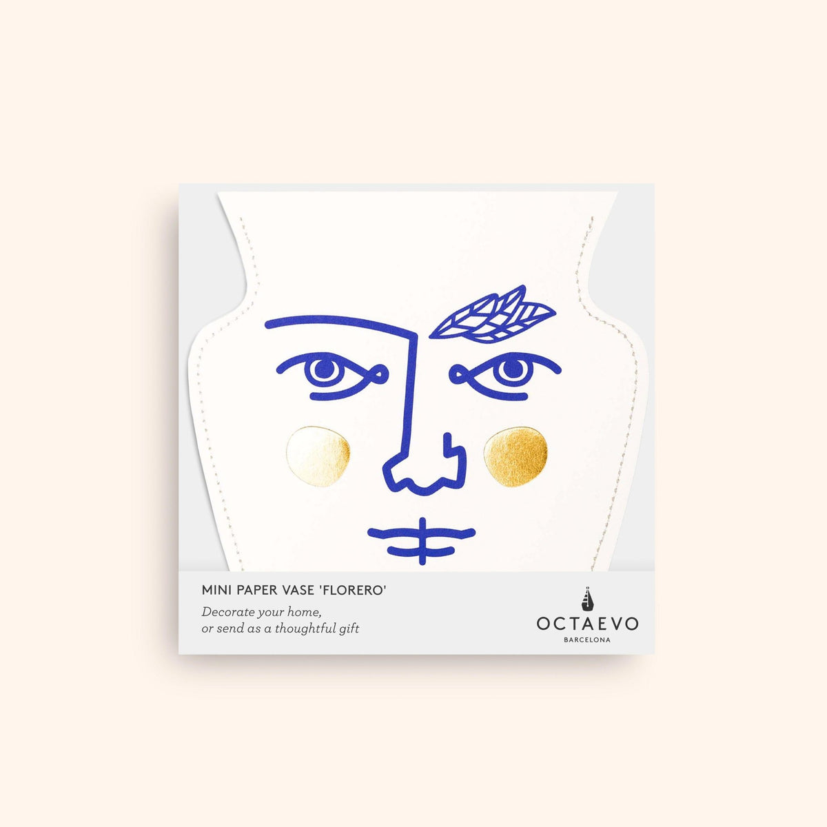 White waterproof paper vase with a blue face & gold accents—Janus Mini Paper Vase by OCTAEVO, Mediterranean style.