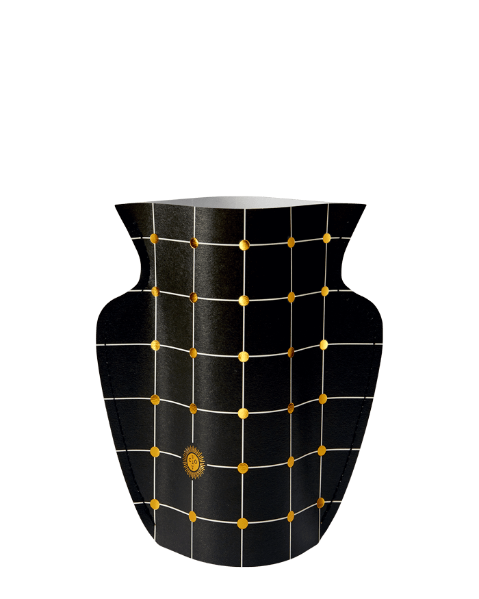 The Black Lido Mini Paper Vase by OCTAEVO features white grid lines and gold dots—ideal for flowers on a plain background.