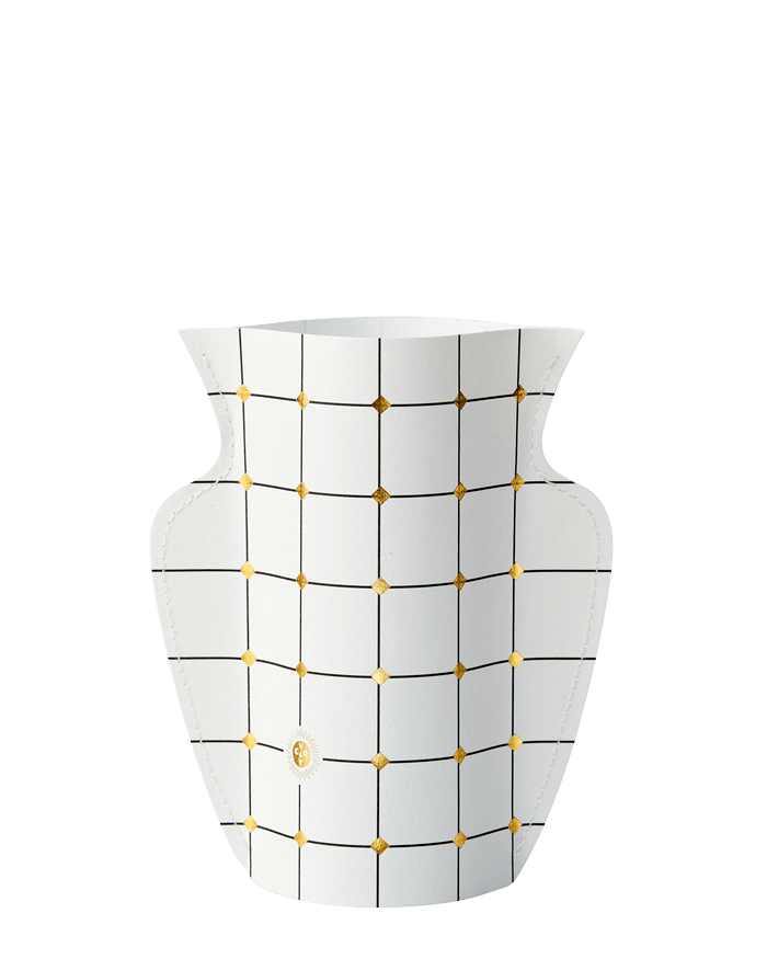 OCTAEVO Lido Mini Paper Vase: white, handcrafted with grid lines and gold dots on a white background.