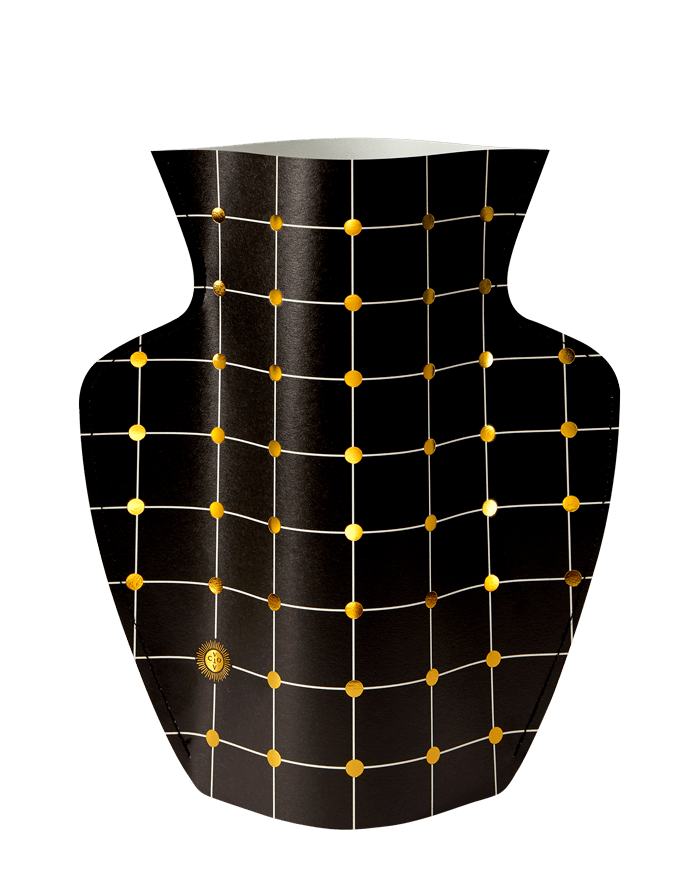 The OCTAEVO Lido Paper Vase features a black, gold grid and dots design on a white background.