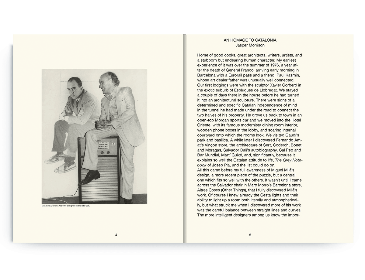 On the left, a black-and-white photo; on the right, text titled Miguel Milá: A Life in Design by OCTAEVO.