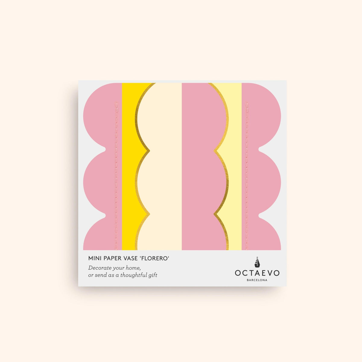 Emballage carré à vagues roses, jaunes et crème ; mini vase en papier Riviera Wave par OCTAEVO, vase en papier résistant à l'eau.
