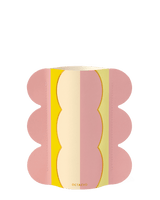 Riviera Wave Mini Paper Vase by OCTAEVO; scalloped pink edges, yellow stripes, cream center, label at base.