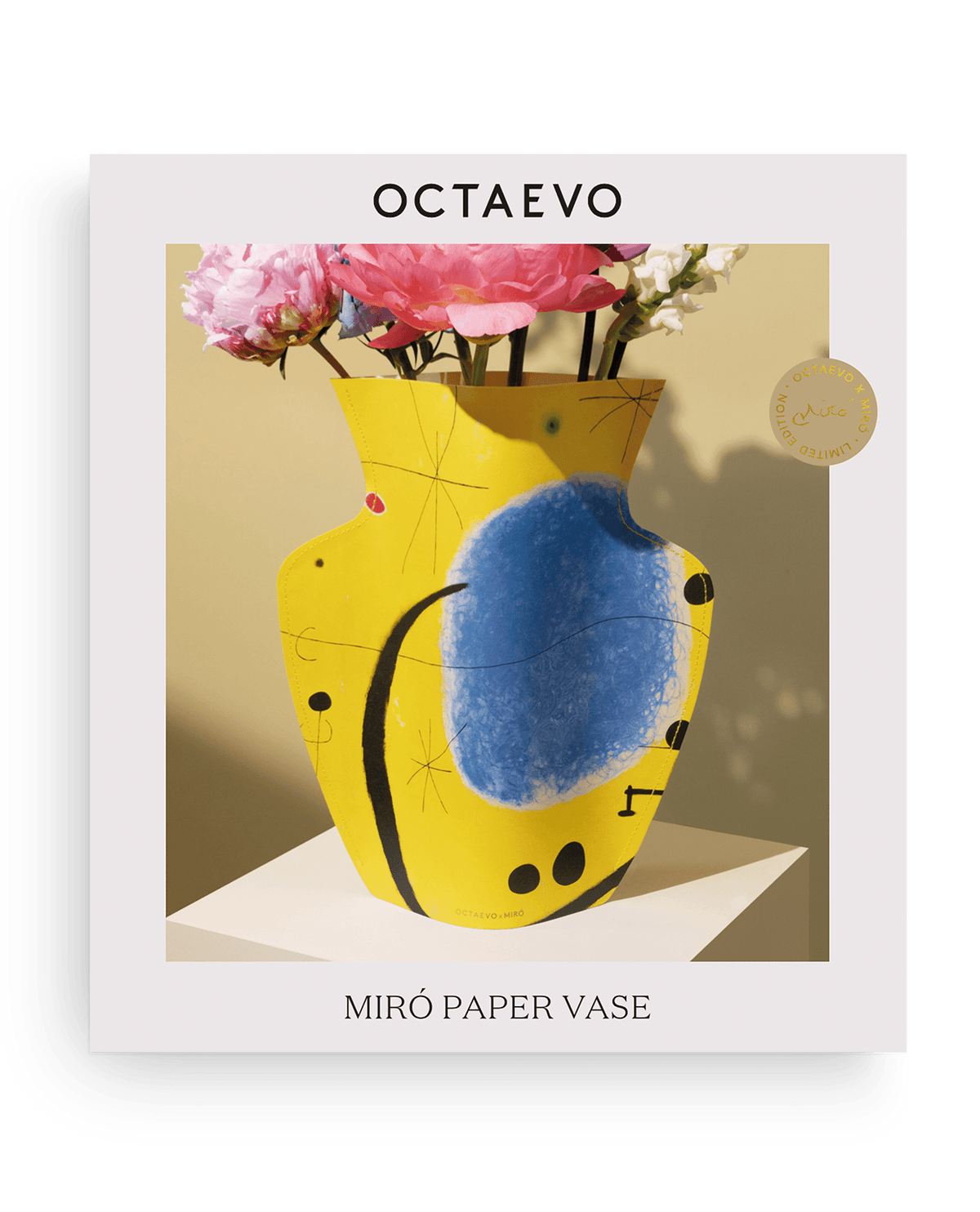 OCTAEVO's Miró Paper Vase — L’Or de l’azur features abstract designs inspired by artist Joan Miró.