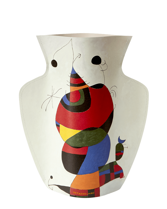 OCTAEVO Miró Paper Vase: White vase with bold black lines and vibrant red, blue, yellow, and green abstract shapes.