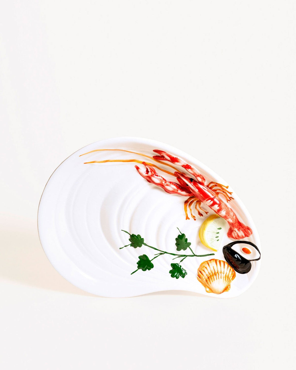 OCTAEVO Mussel Plate — Large: Hand-painted porcelain dinnerware with shrimp, sushi, shell, and cucumber design.