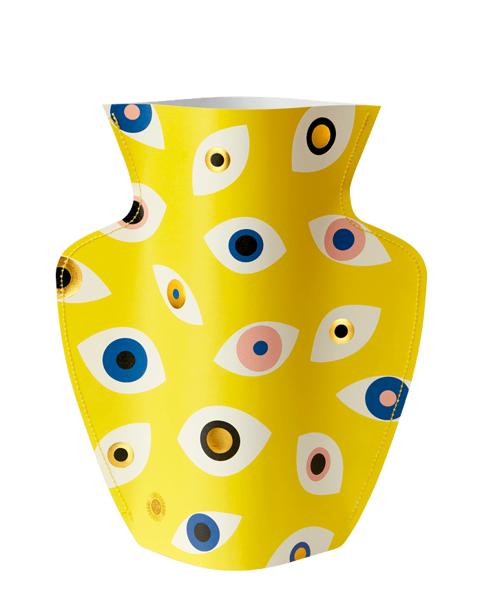 The OCTAEVO Nazar Paper Vase is yellow with colorful eye patterns, shown on a plain white background.