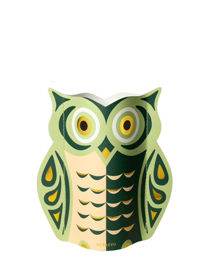 OCTAEVO Night Owl Mini Paper Vase: owl-shaped card with green cream patterns, inspired by handcrafted vases.