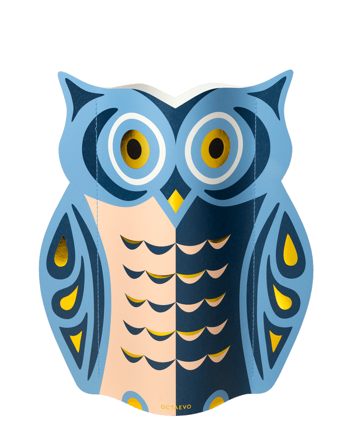 Octaevo Night Owl Paper Vase features a bold, geometric blue and yellow owl on a crisp white background.