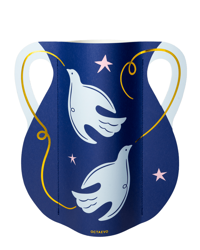 OCTAEVO Paloma Paper Vase: Blue Mediterranean, 2 white doves, gold lines & pink stars on a dark blue background.