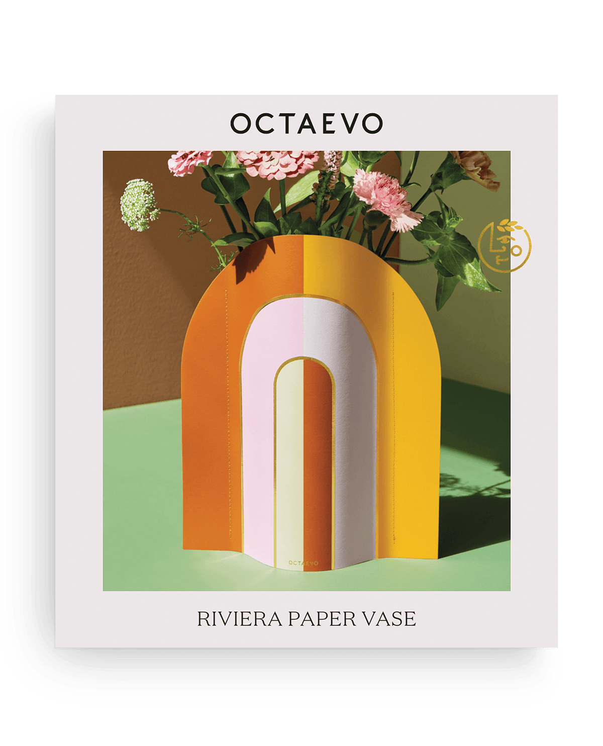 The OCTAEVO Riviera Arch Paper Vase, crafted from waterproof paper, displays pink and white flowers stylishly.