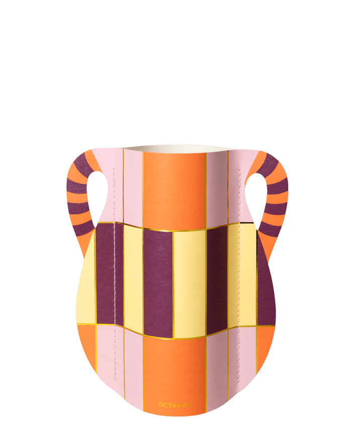Octaevo Patio Mini Paper Vase: a handcrafted vase with vibrant orange, yellow, pink & purple stripes and checks.