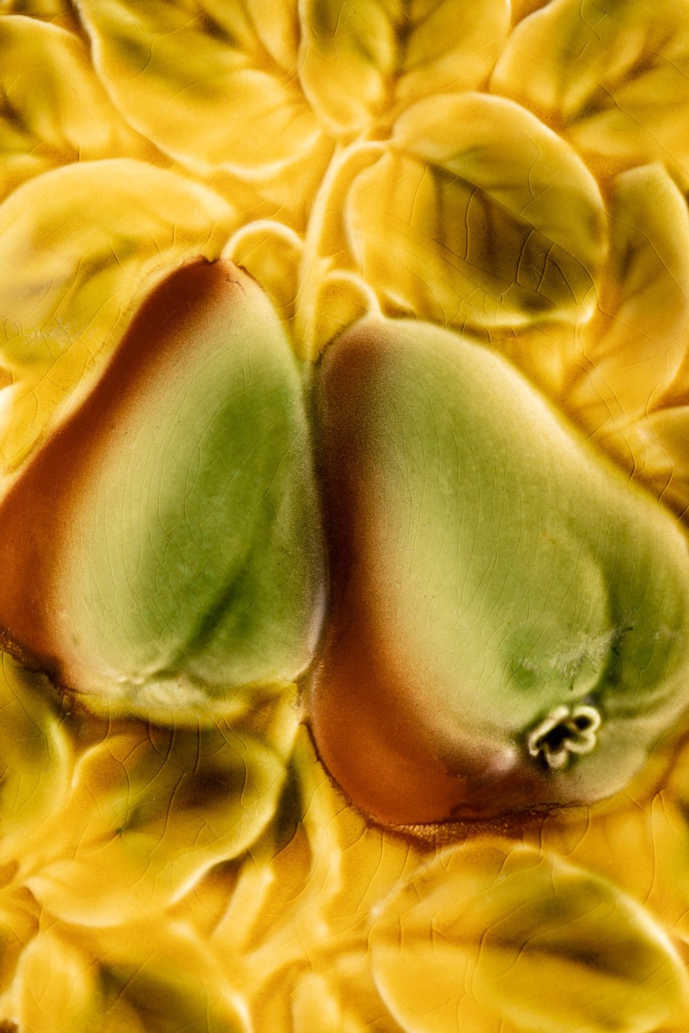 Close-up of two green seeds in a yellow pod on an OCTAEVO Pear Majolica Plate with intricate textured details.