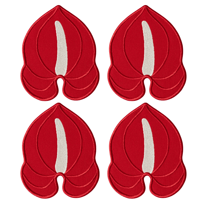 Octaevo's Red Anthurium Coasters (Set of 4) feature bold petal shapes on linen-cotton, arranged in a grid.