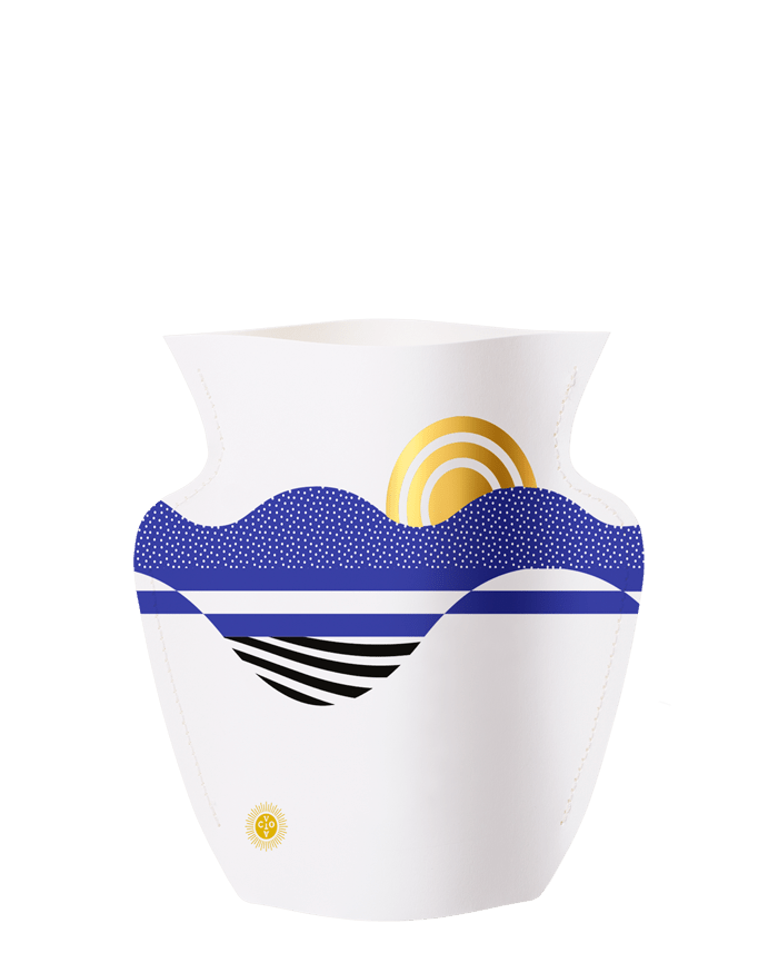 The Salina Mini Paper Vase by Octaevo features blue waves, a yellow sun, and black stripes in an abstract design.