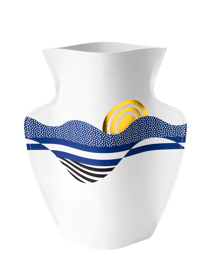 The OCTAEVO Salina Paper Vase features abstract blue waves, black stripes, and a yellow sun—ideal for Mediterranean decor.