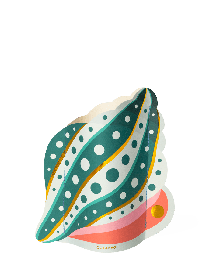 The Shell Mini Paper Vase by OCTAEVO features abstract leaf shapes in green, white, gold, and pink on a white background.