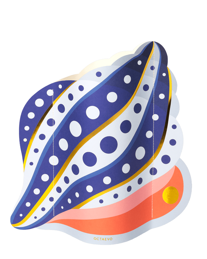 The OCTAEVO Shell Paper Vase features an abstract, colorful design inspired by Mediterranean sea shells.