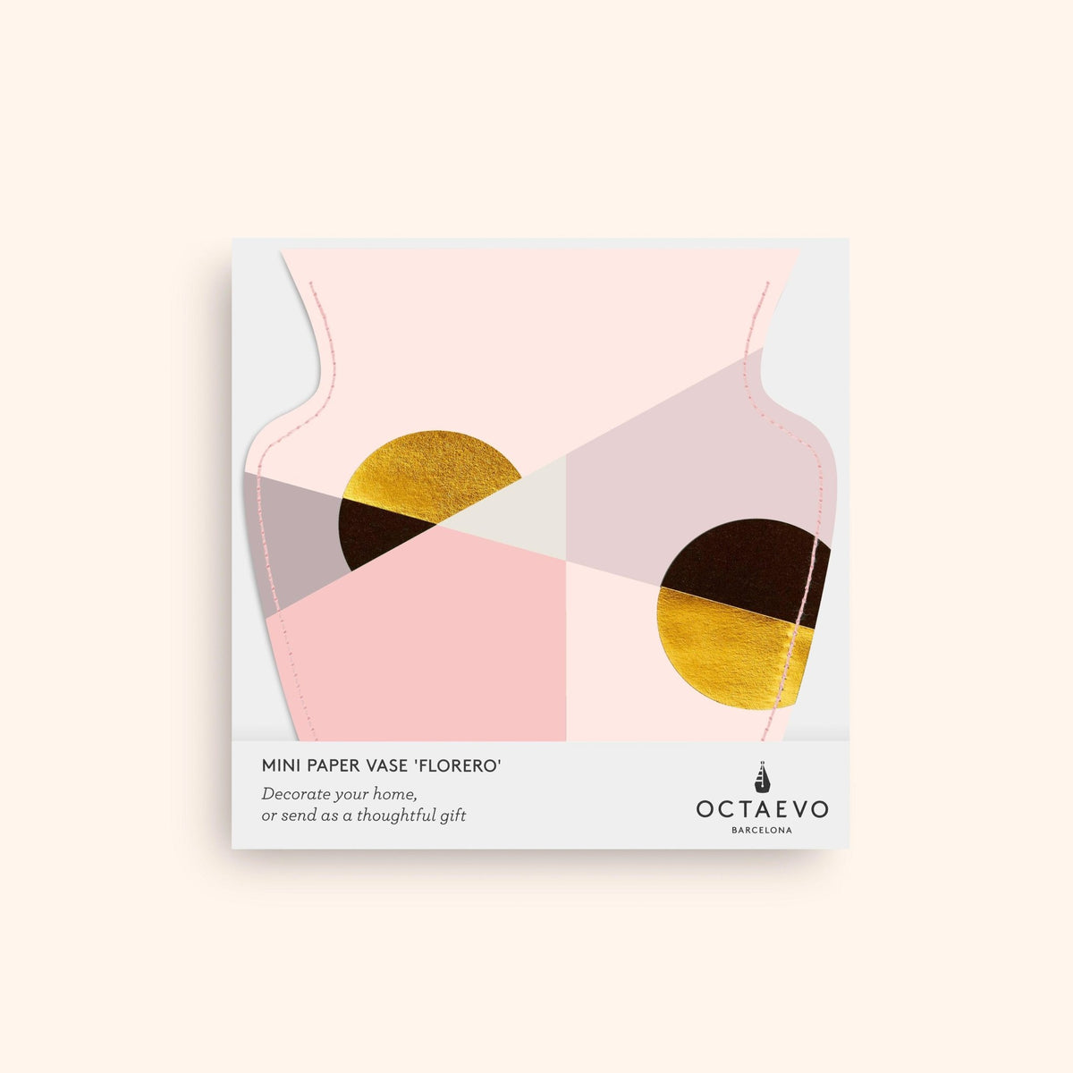 Abstract pink Mediterranean vase with gold accents on a white card, labeled Siena Mini Paper Vase by OCTAEVO.
