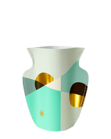 The OCTAEVO Siena Mini Paper Vase features mint, white, and gold geometric shapes on a smooth, curved surface.