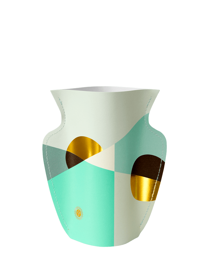 The OCTAEVO Siena Mini Paper Vase features mint, white, and gold geometric shapes on a smooth, curved surface.