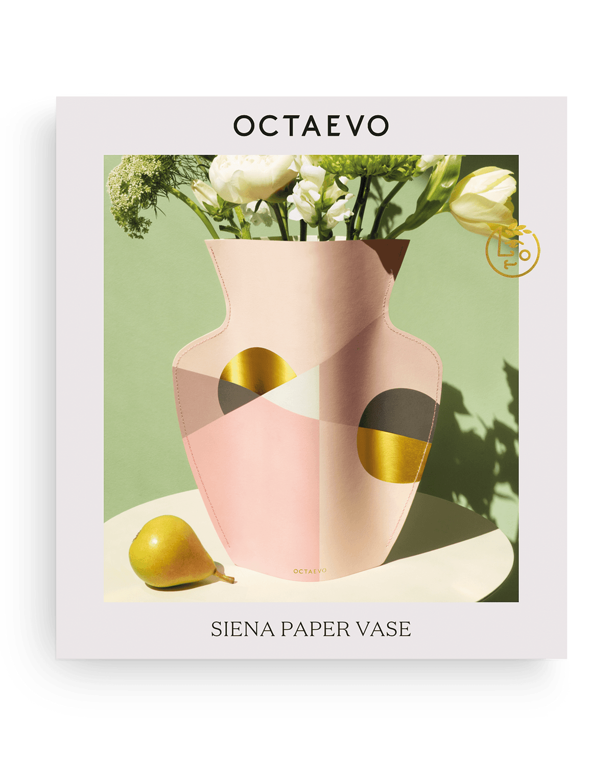A pink and gold geometric handcrafted paper vase with flowers and a pear, called OCTAEVO Siena Paper Vase.