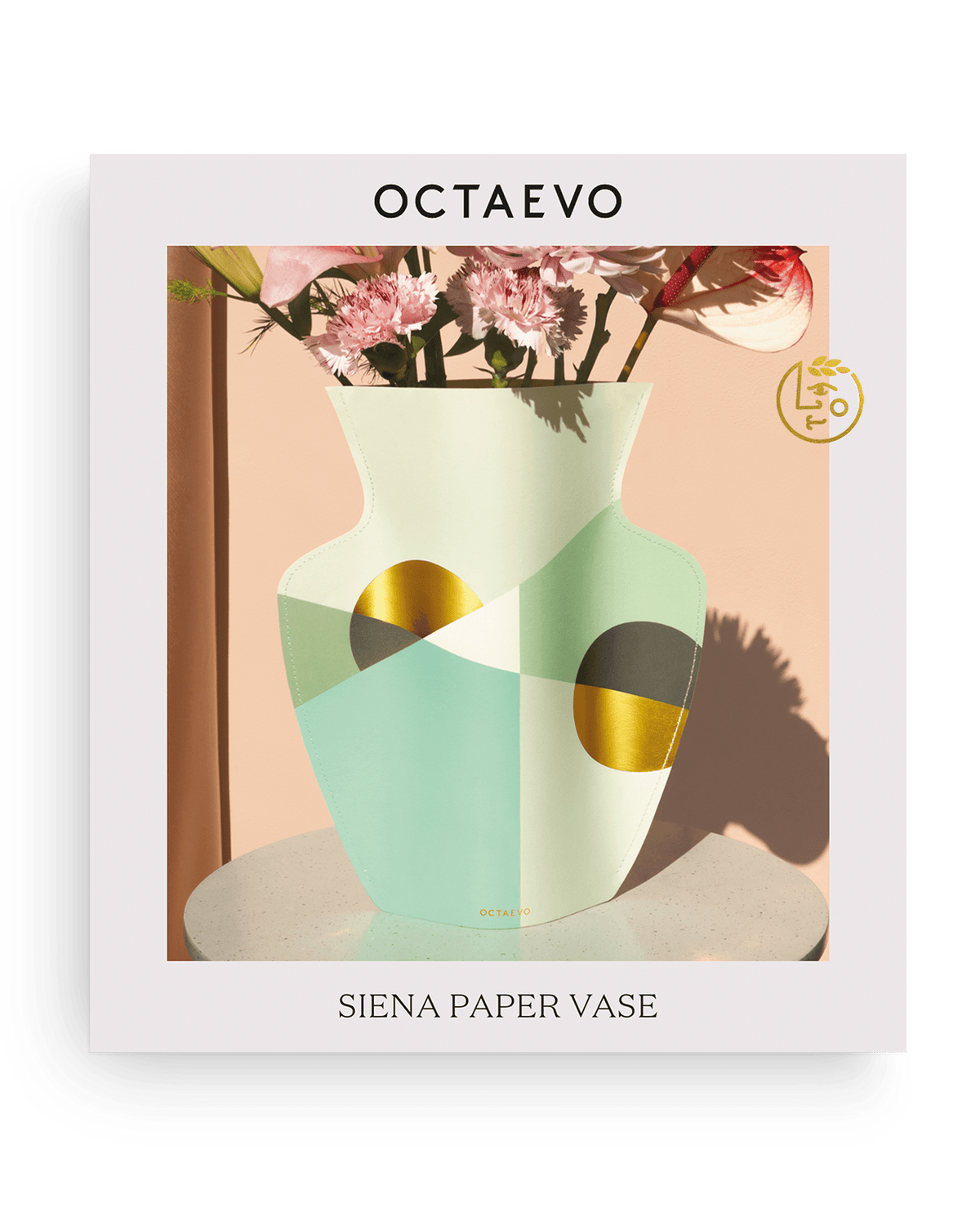 OCTAEVO Siena Paper Vase, mint geometric handcrafted design with gold accents, ideal for displaying flowers.