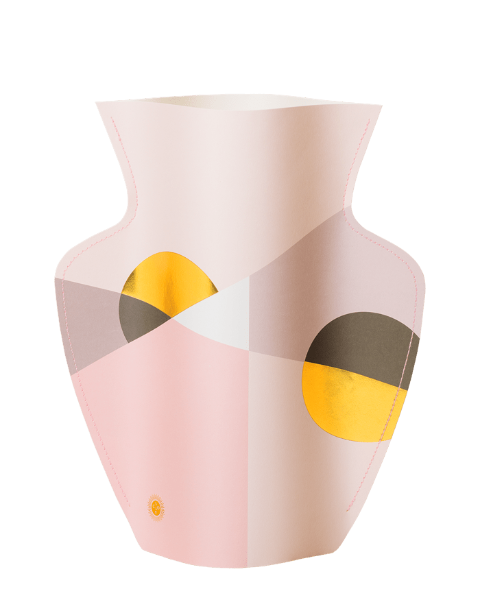 The Siena Paper Vase by OCTAEVO: an abstract, geometric handcrafted vase in pink, gold, and gray tones.