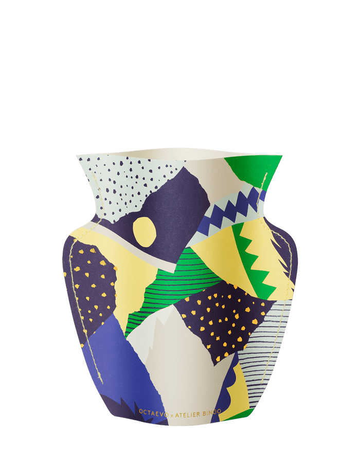 The Stromboli Mini Paper Vase by OCTAEVO features vibrant abstract patterns on water-resistant paper—a unique gift.