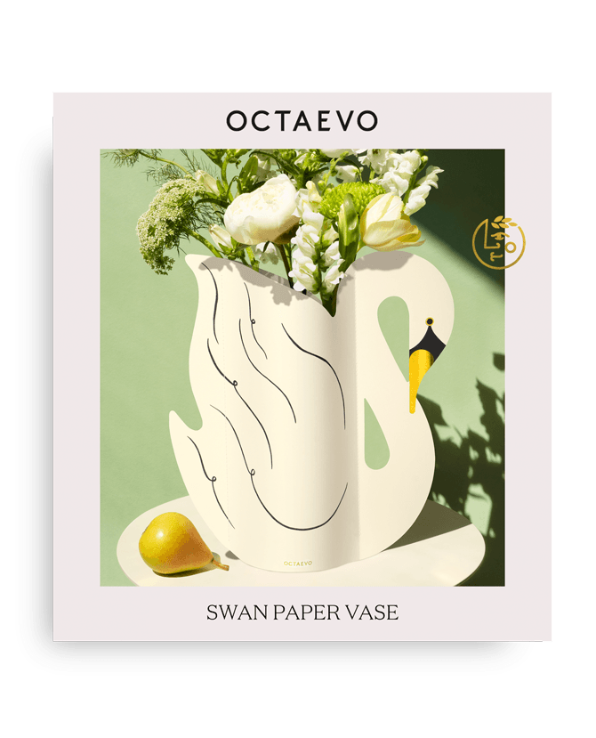 The Octaevo Swan Paper Vase is a surreal, art-inspired waterproof vase featuring white flowers, greenery, and a pear.