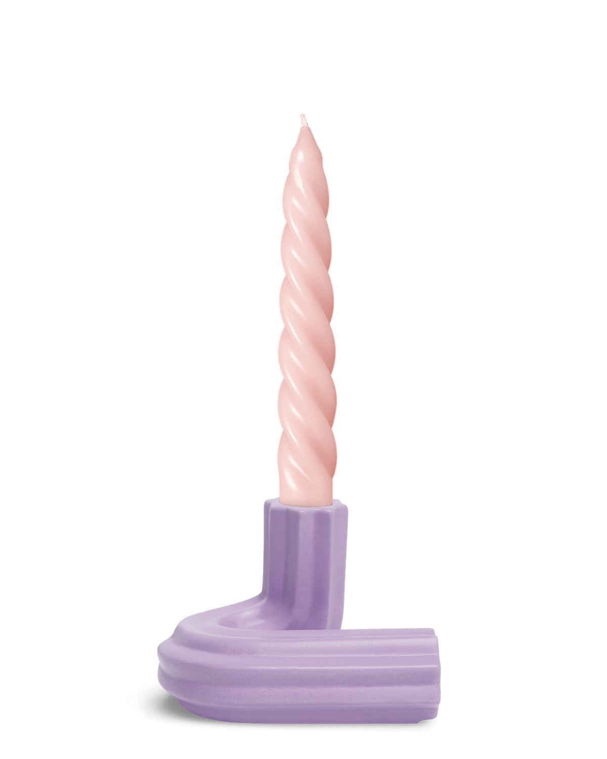 A pink twisted candle sits in OCTAEVO’s Templo Candle Holder, in Purple L-shaped ceramic piece, on a white background.