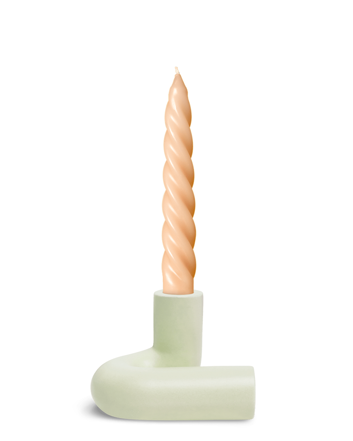 A twisted beige candle stands upright in OCTAEVO’s Templo Candle Holder, in Light Mint L-shaped chamberstick.