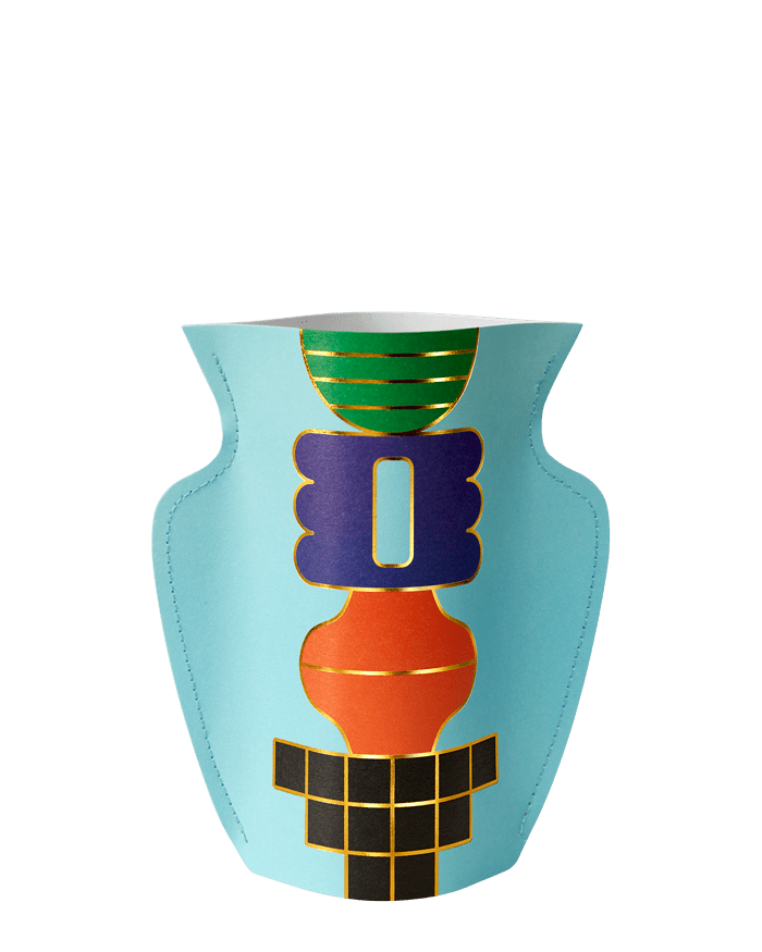 OCTAEVO Templo Mini Paper Vase, light blue and waterproof, with bold green, blue and orange geometric shapes.