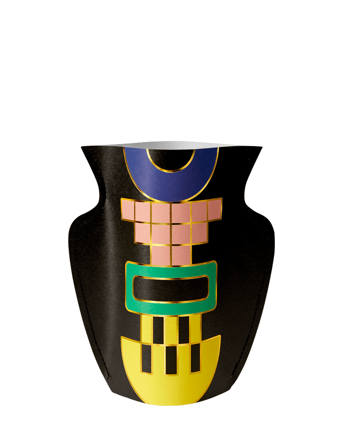 OCTAEVO Templo Mini Paper Vase: black, handcrafted with bold blue, pink, green & gold geometric patterns on white.