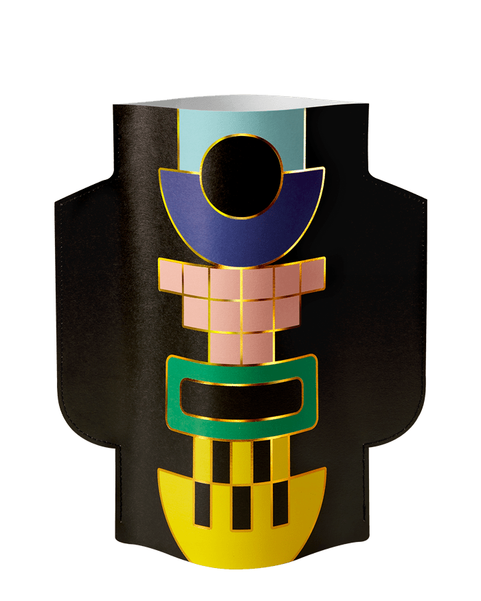 The OCTAEVO Templo Paper Vase features colorful, abstract shapes on black, displayed on a white surface.
