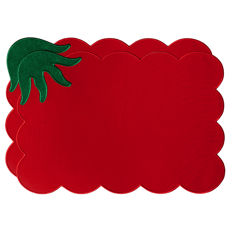Octaevo’s Tomato Placemats (Set of 2) feature red linen-cotton with scalloped edges for a playful dining table touch.