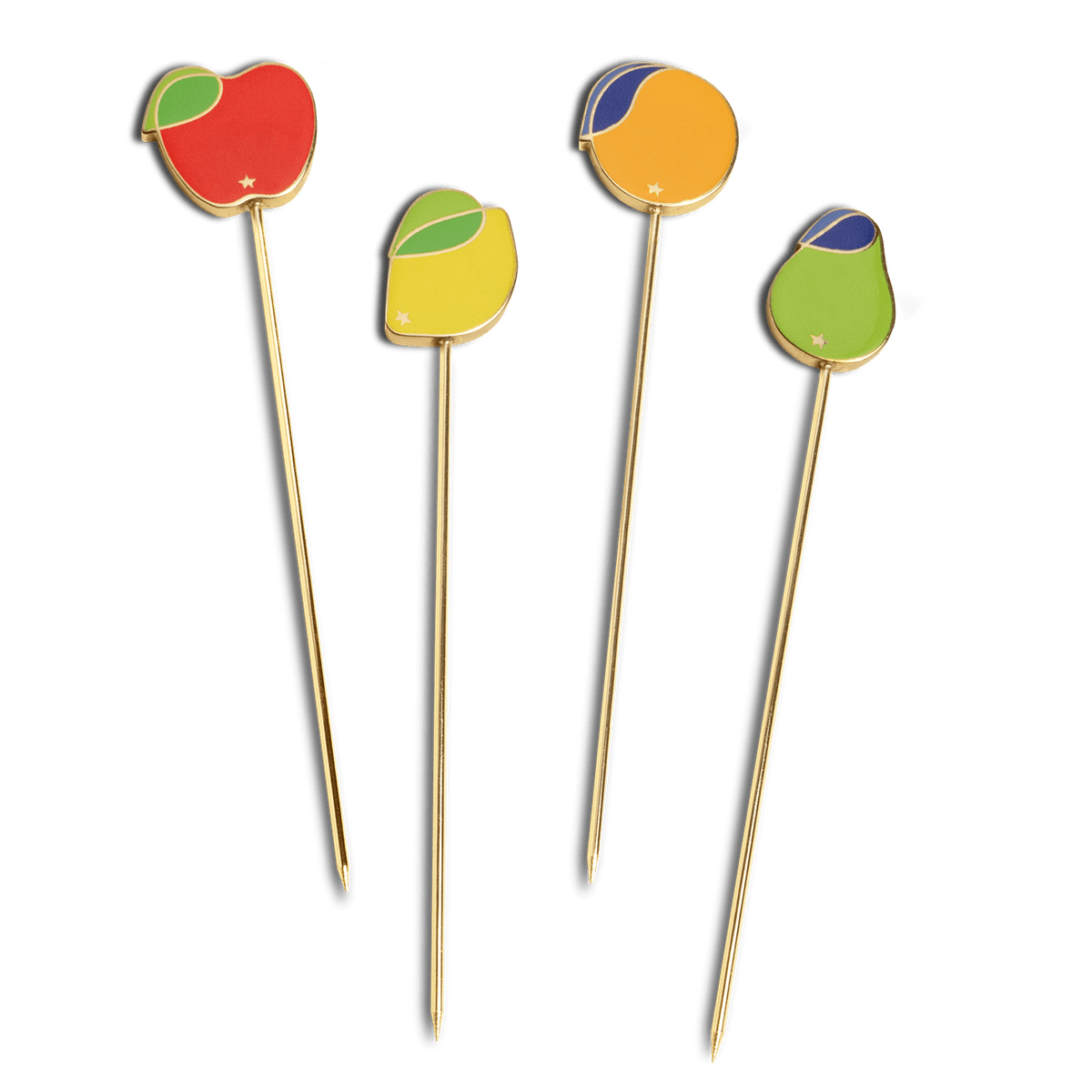 Octaevo Tutti Frutti Cocktail Picks (set of 4) are reusable, gold-plated picks with colorful fruit tops for drinks or snacks.