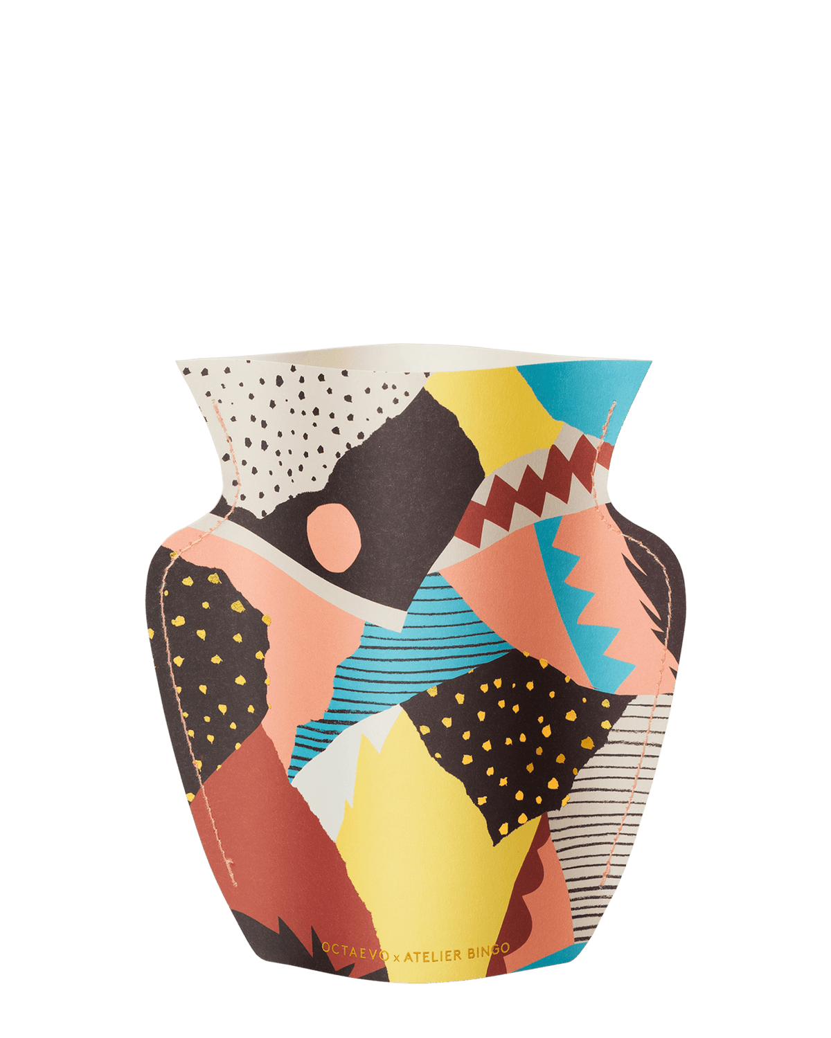 The OCTAEVO Vesuvio Mini Paper Vase features exclusive abstract geometric prints in black, yellow, blue, peach, and pink.