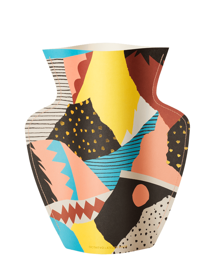 The OCTAEVO Vesuvio Paper Vase features vibrant geometric patterns and is made from water resistant paper—a unique gift.
