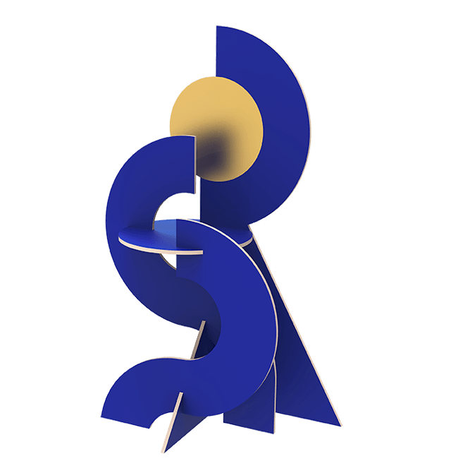 The Octaevo Water Paper Sculpture features abstract blue curves and a golden sun circle, standing on a flat surface.
