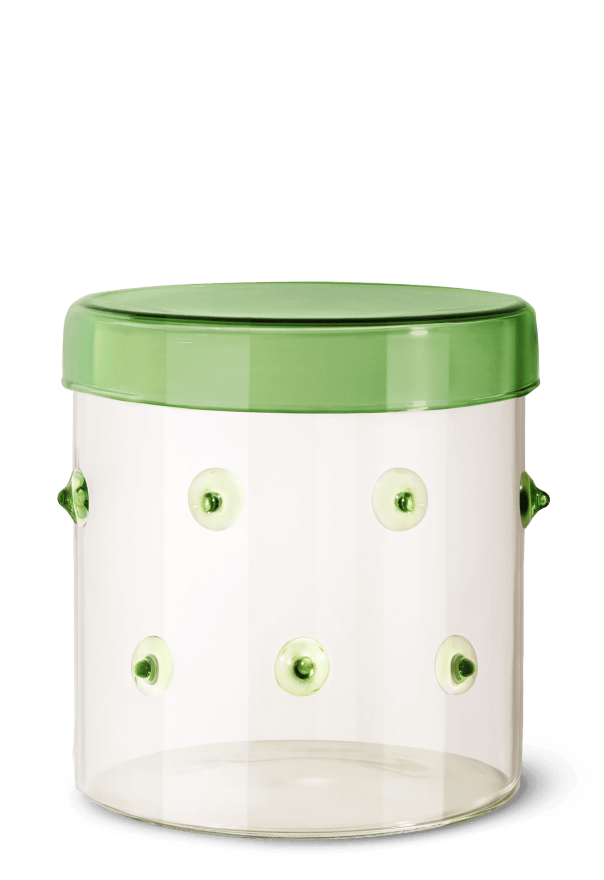 The Agave Glass Container Small by OCTAEVO features clear borosilicate glass and a green lid, ideal for stylish storage.