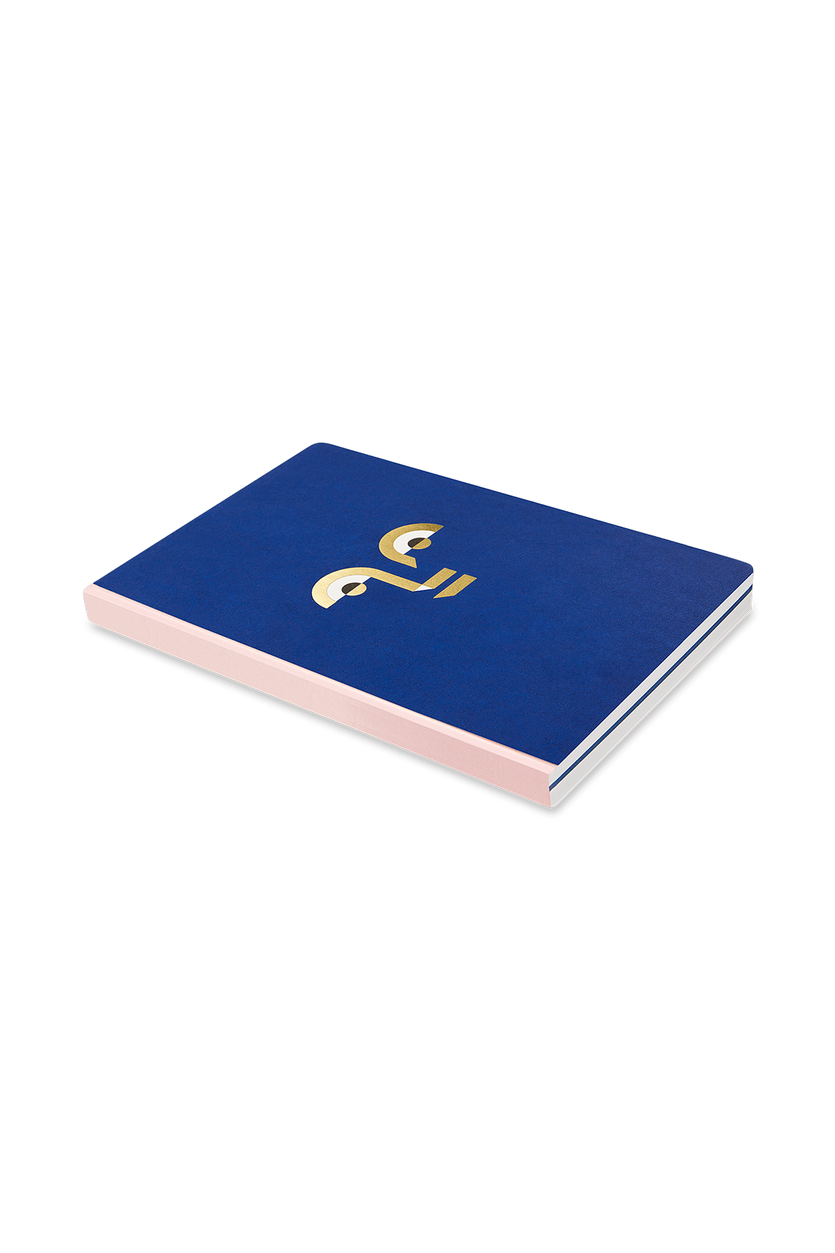 A closed blue Apollo Notes A5 by Octaevo with a gold face design, lay-flat binding, rests on a flat surface.